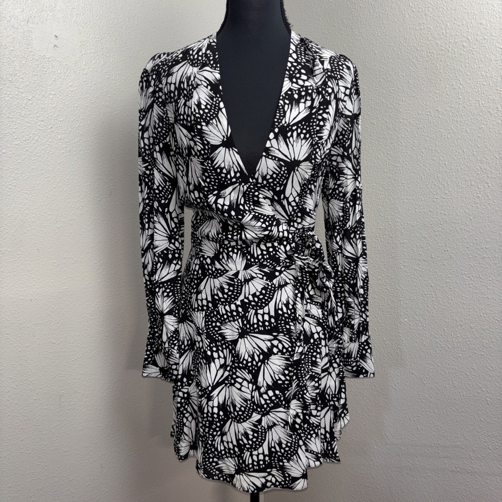 New The Kooples Floral Wrap Dress Women's 0 Black Floral Print Short Sleeve